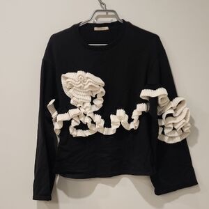 Zara Black Top with White Ruffle Knit Accents, Size S